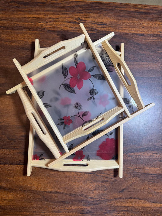  Red white flower design wooden serving tray set Pakistan