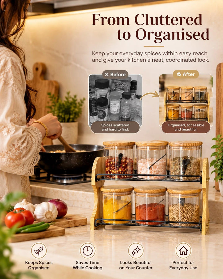 6 Jar Wooden Spice Rack Set with Airtight Containers & Spoons | Kitchen Counter Organizer