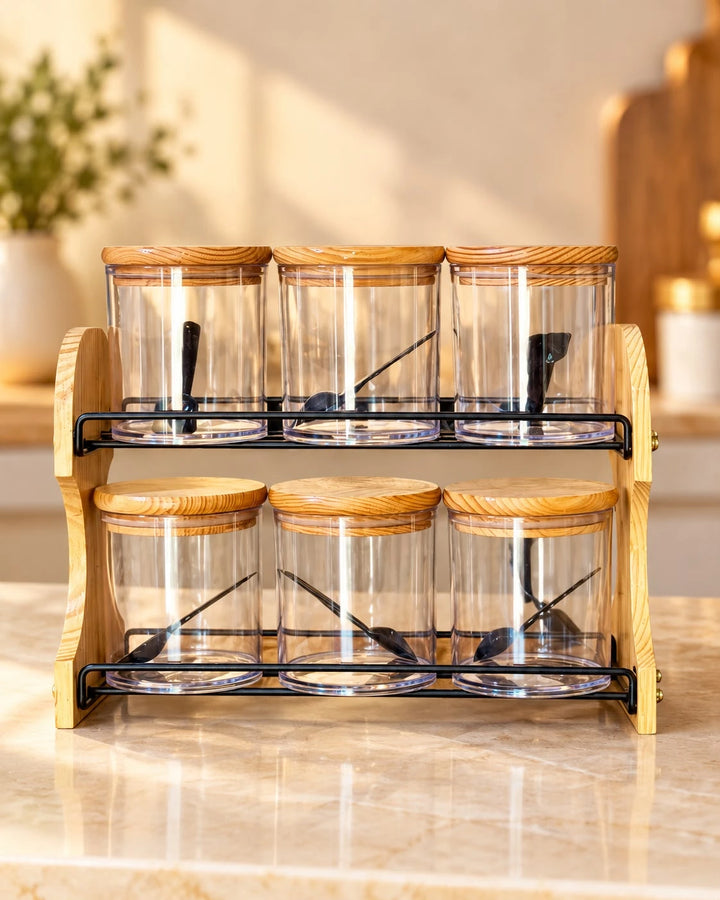 6 Jar Wooden Spice Rack Set with Airtight Containers & Spoons | Kitchen Counter Organizer