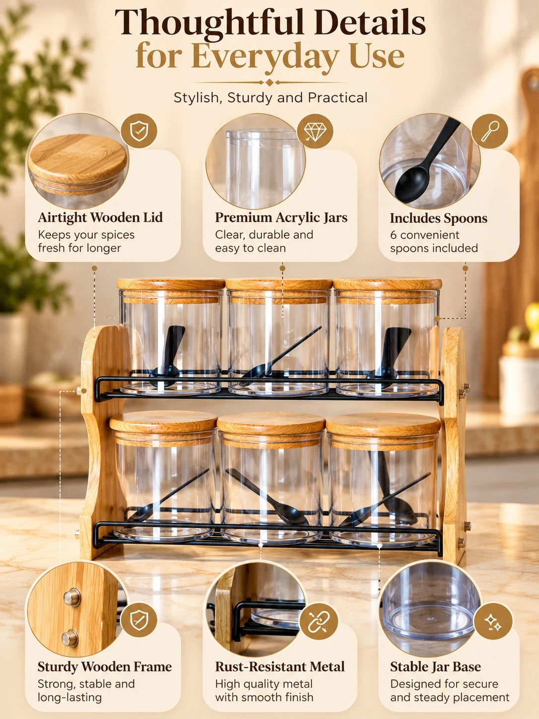 Wooden Kitchen & Home Organizer Combo – Tissue Box, Spice Rack & Storage Basket