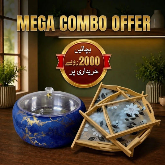 Velvet Steel Bowl Hotpot & Wooden Acrylic Flower Tray Set — Premium 2-in-1 Bundle