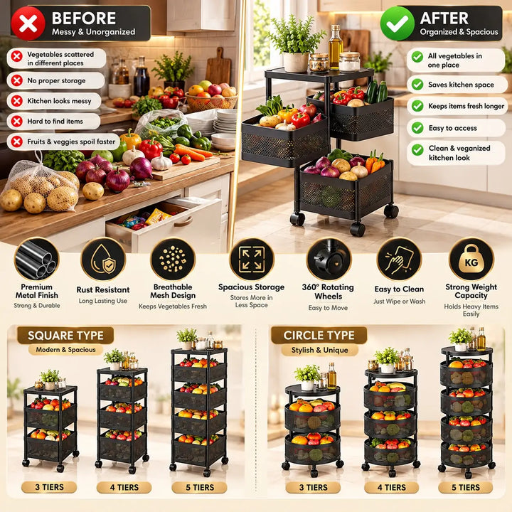 Multi-Tier Metal Vegetable Storage Rack with Wheels | Kitchen Organizer | 3,4,5 Tier