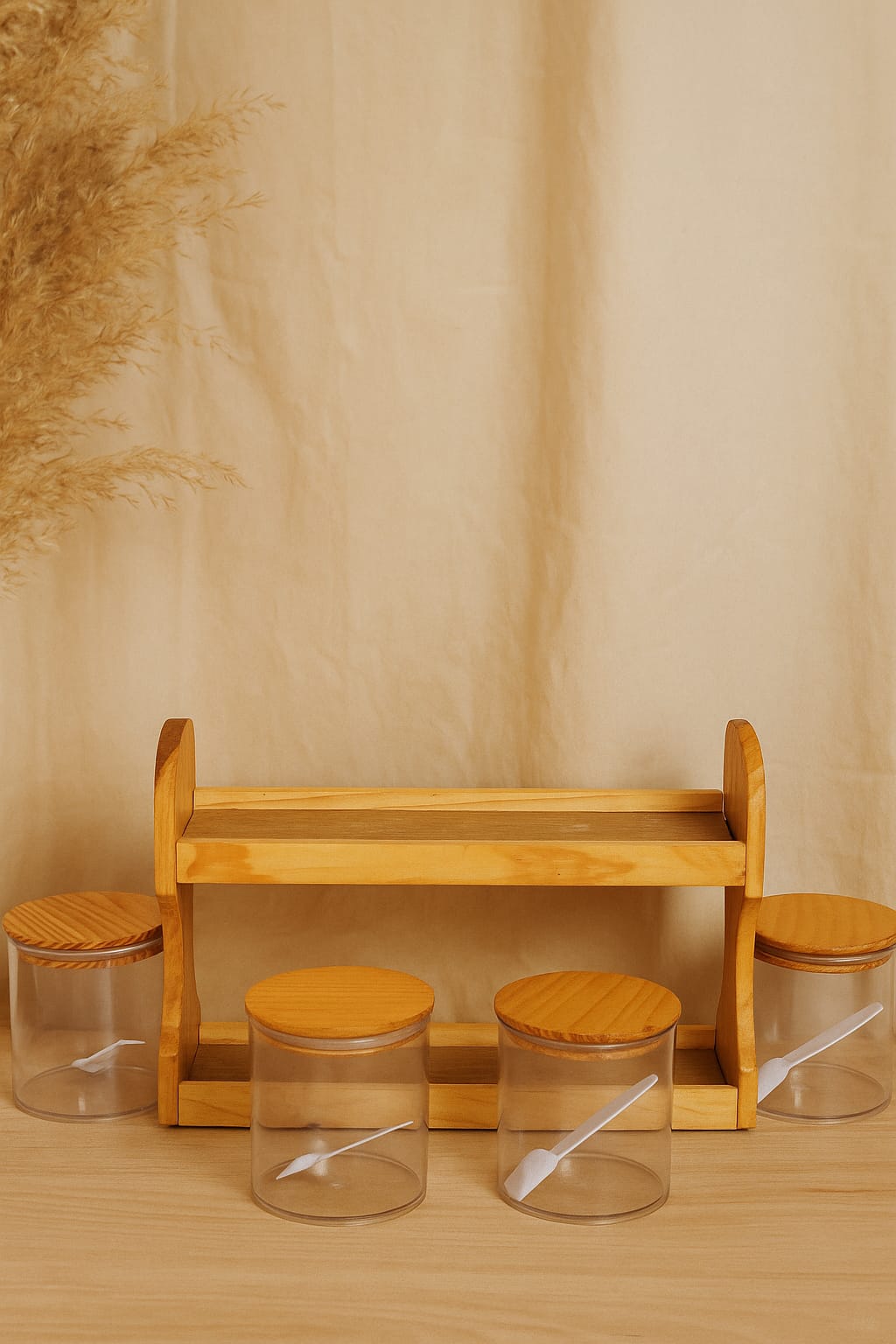 " Elegant Spice Rack Organizer - 6 Jar Wooden Holder"