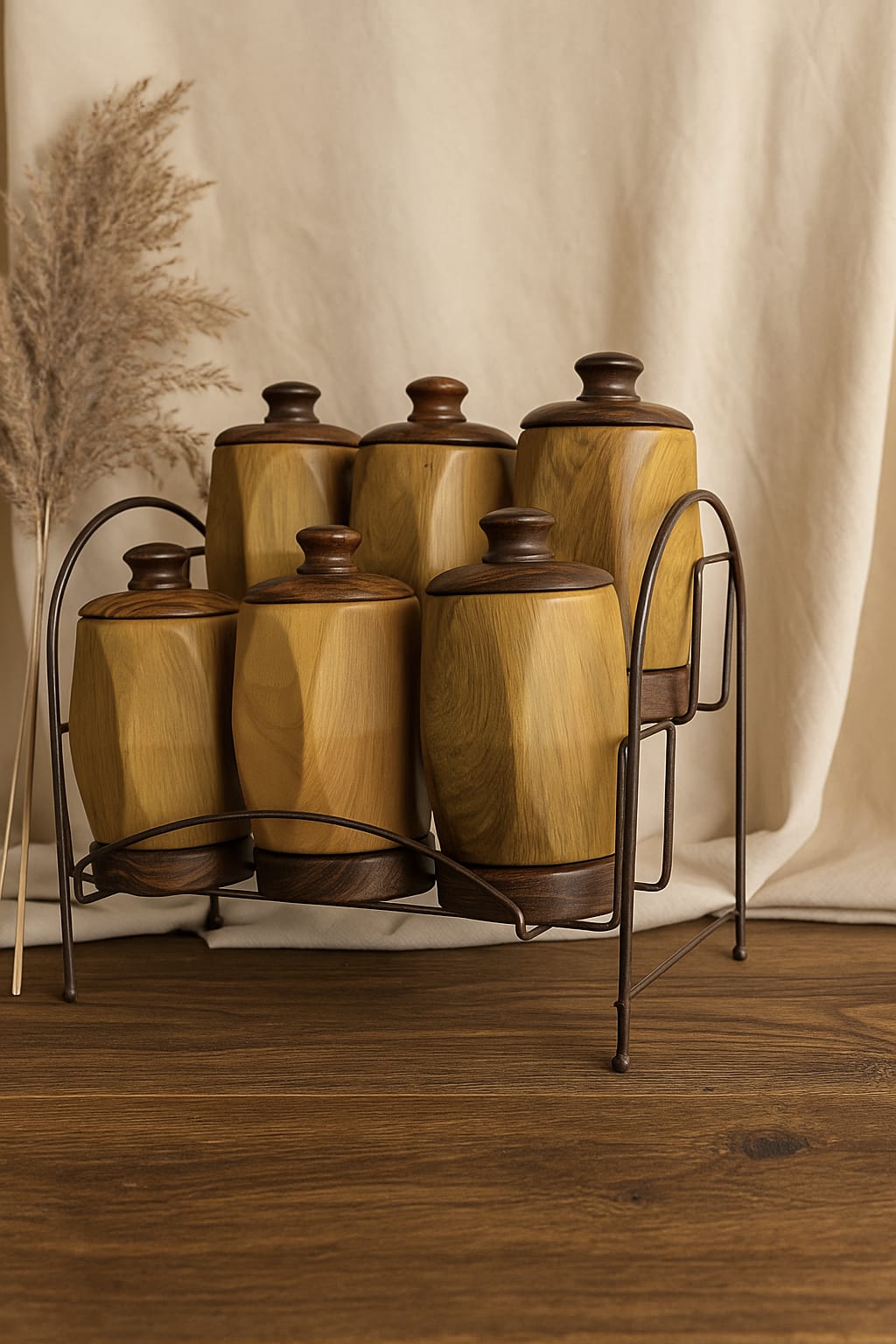 "Natural Wood Spice jars With Lids - 6 Piece Set with Metal Stand"
