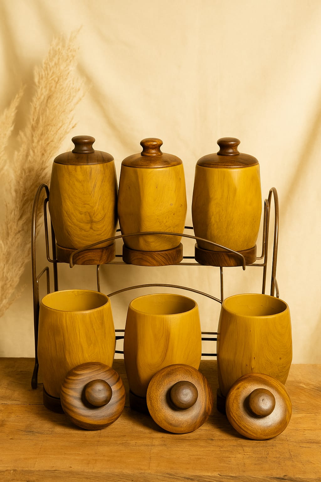 "Natural Wood Spice jars With Lids - 6 Piece Set with Metal Stand"