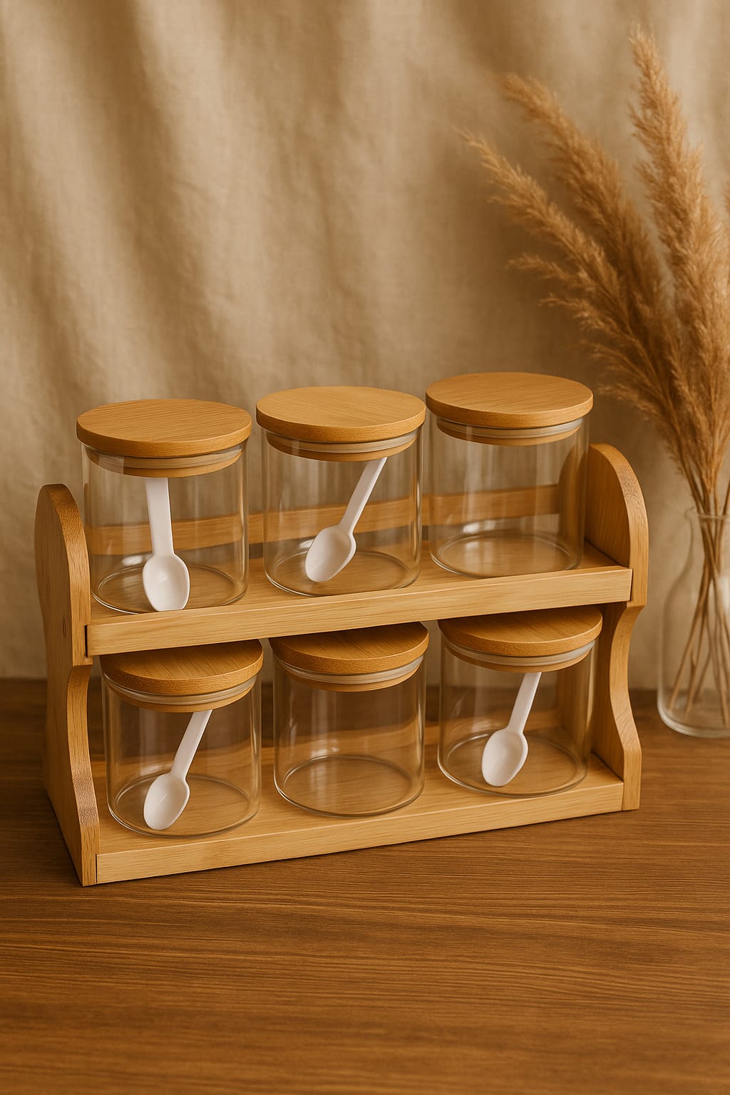" Elegant Spice Rack Organizer - 6 Jar Wooden Holder"