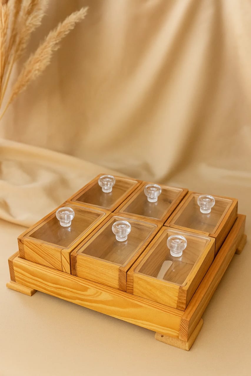 6 Piece Storage Box with Tray & Spoon - Rustic Wooden Spice Jar Set with Acrylic Lids