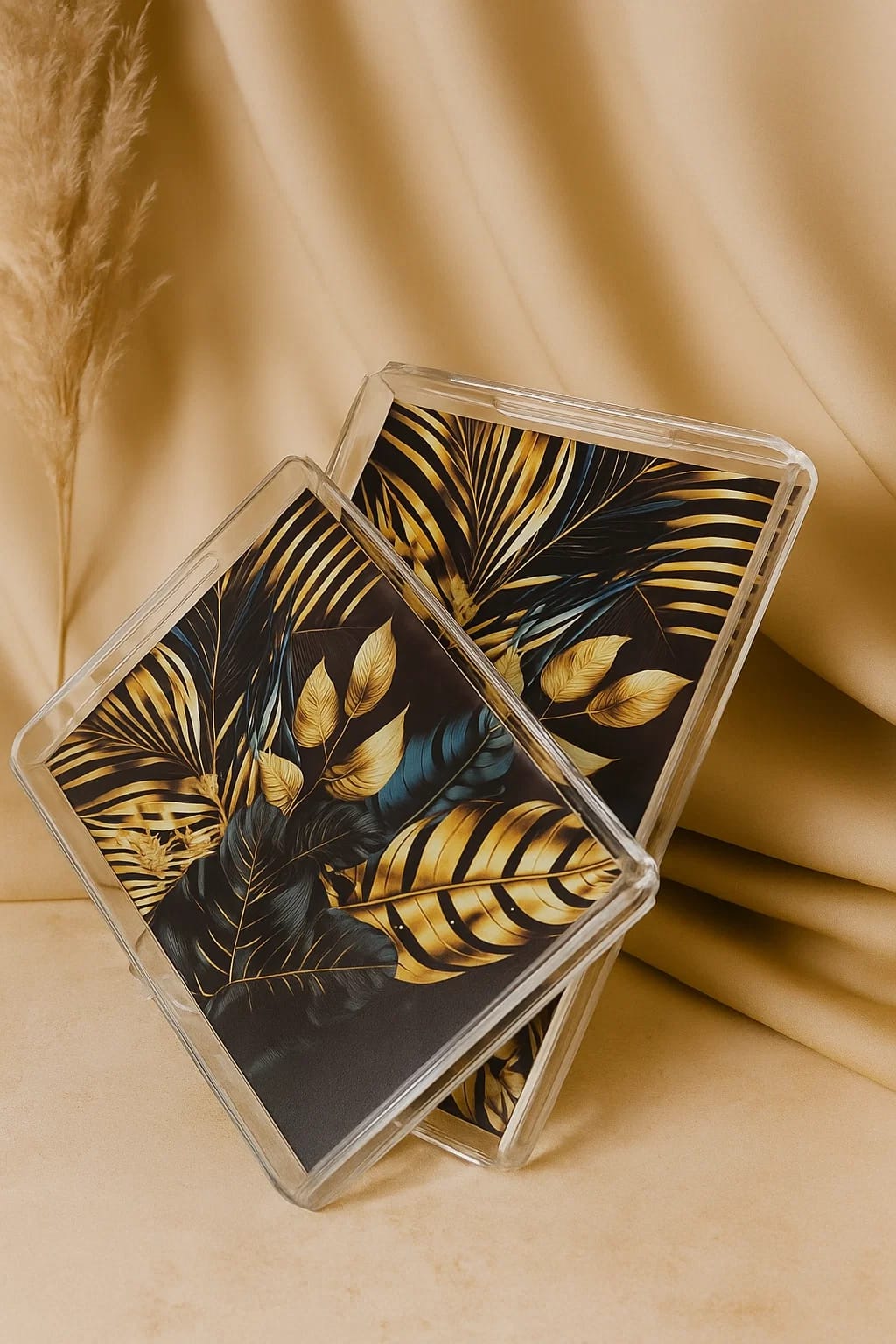 Luxury Acrylic Serving Tray Set with Golden Tropical Leaf Design