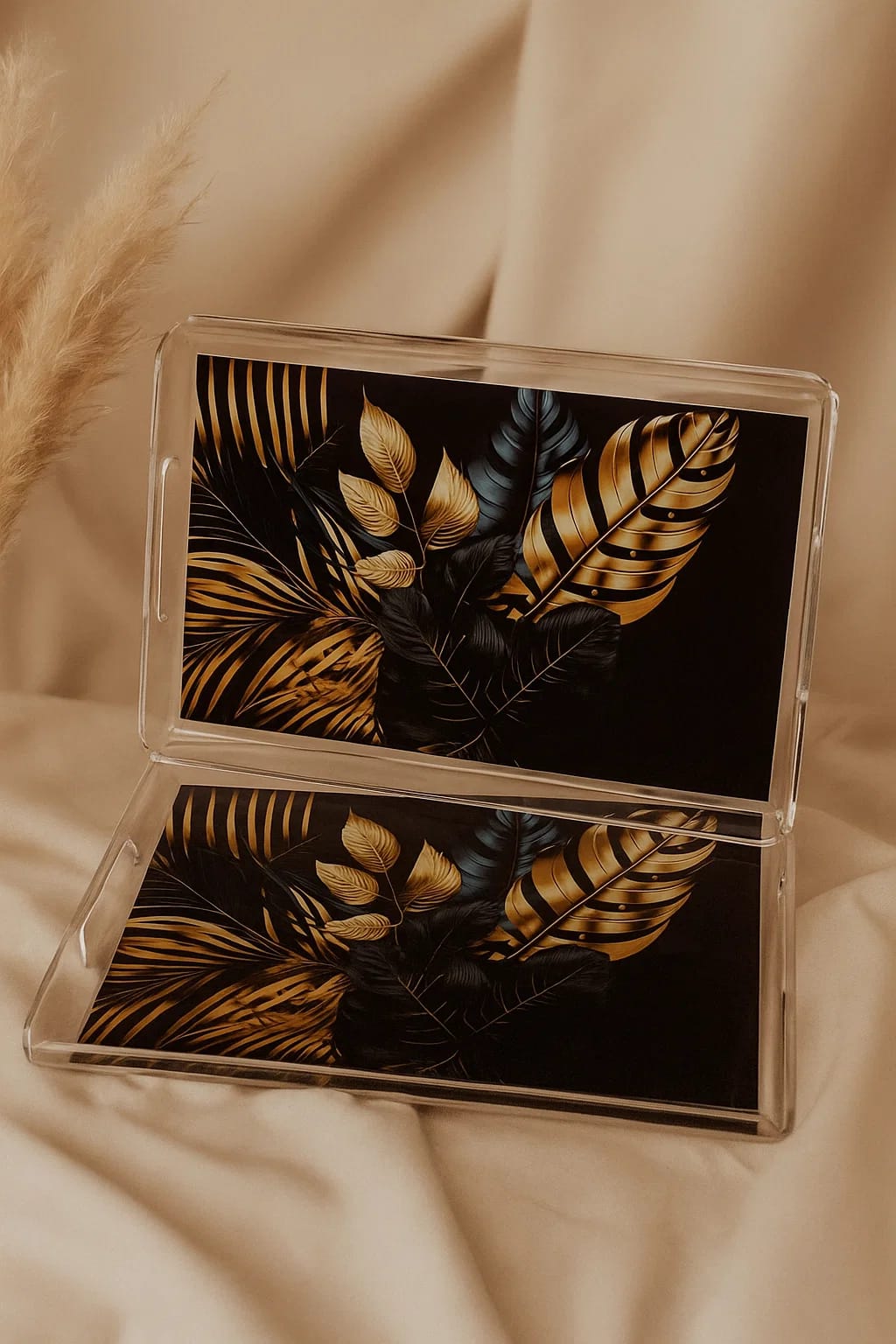 Luxury Acrylic Serving Tray Set with Golden Tropical Leaf Design