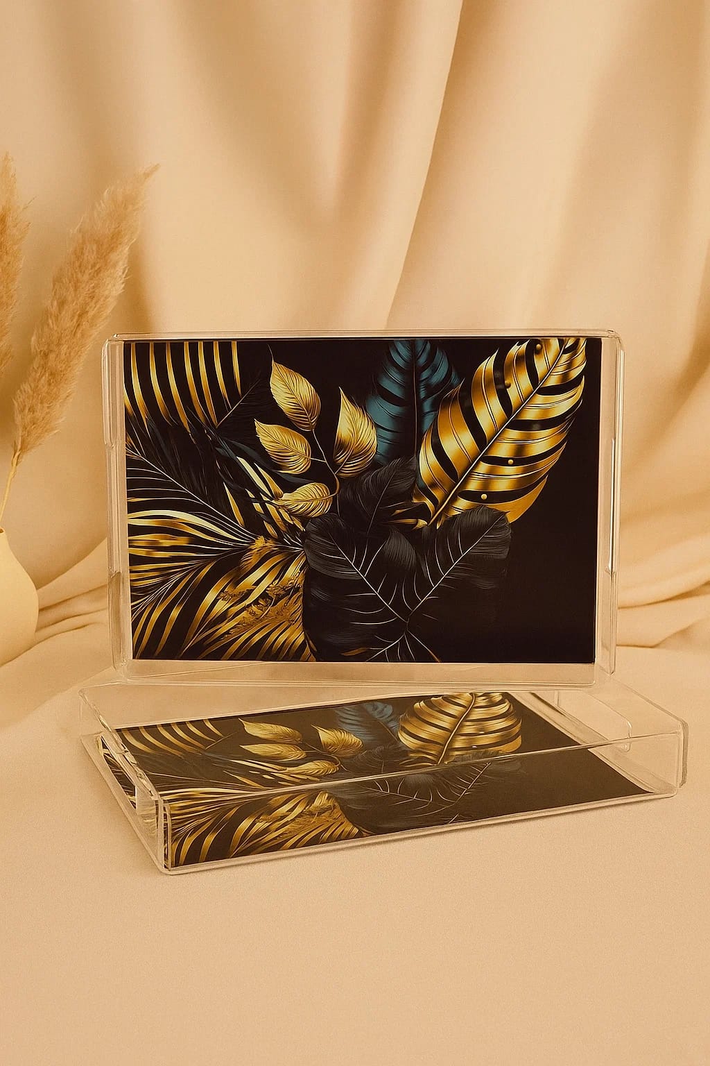Luxury Acrylic Serving Tray Set with Golden Tropical Leaf Design
