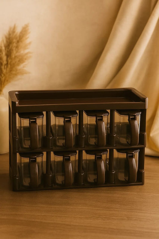 Elegant 8-in-1 Spice Jar Set with Organizer Rack –