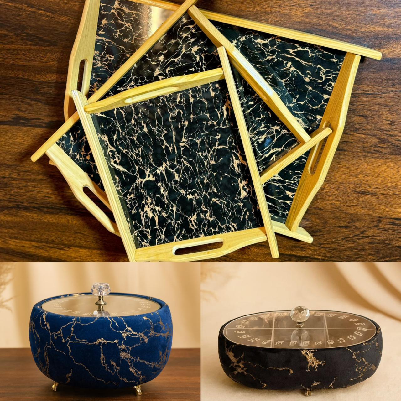 Velvet hotpot dry fruit box wooden tray three in one bundle Pakistan