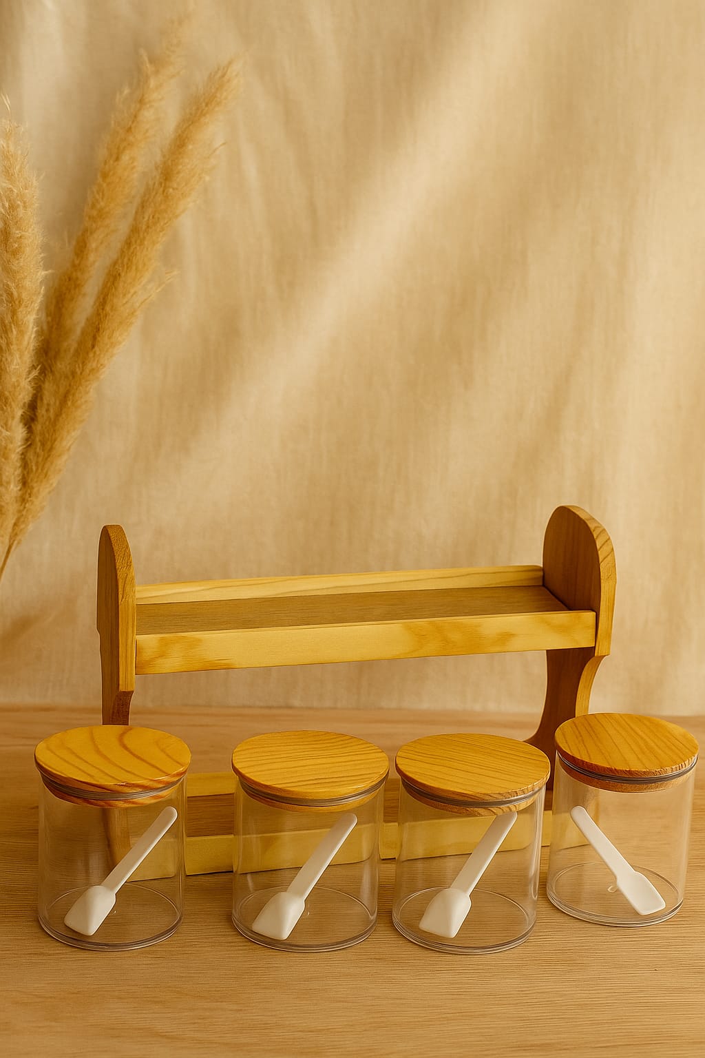 " Elegant Spice Rack Organizer - 6 Jar Wooden Holder"