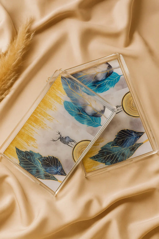 "Abstract Blue Leaf Acrylic Tray – Artistic Modern Home Décor Accent"