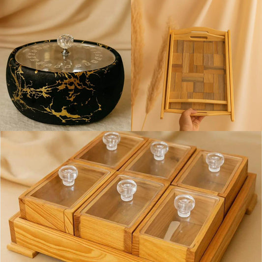 STEEL BOWL HOTPOT - WOODEN TRAY SET - 6 PIECE SPICE RACK