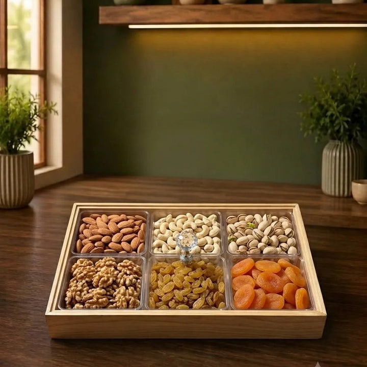 Wooden Acrylic Dry Fruits Box – 6 Section Premium Dry Fruit Organizer