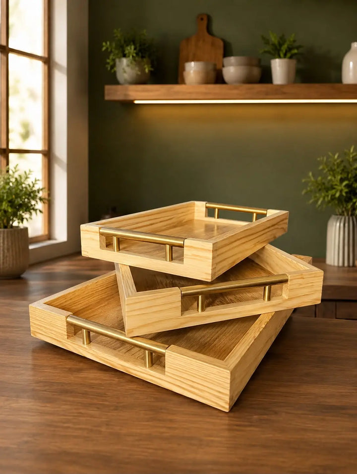 Wooden Flat Tray Set with Steel Handles — Modern Premium Serving Set (Set of 3)