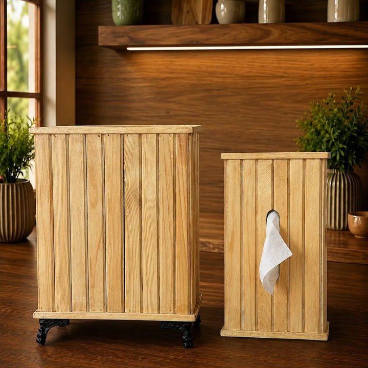 Wooden Tissue Box & Trash Basket Set | Premium Wooden Home Organizer