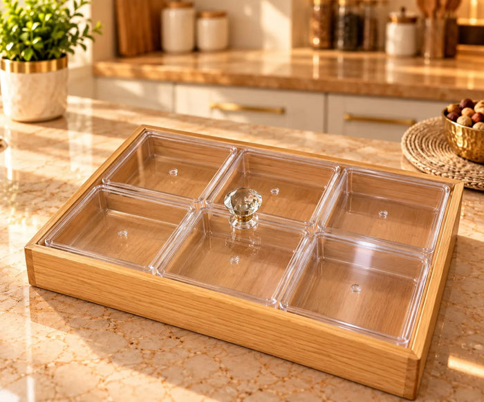 Wooden Acrylic Dry Fruits Box – 6 Section Premium Dry Fruit Organizer