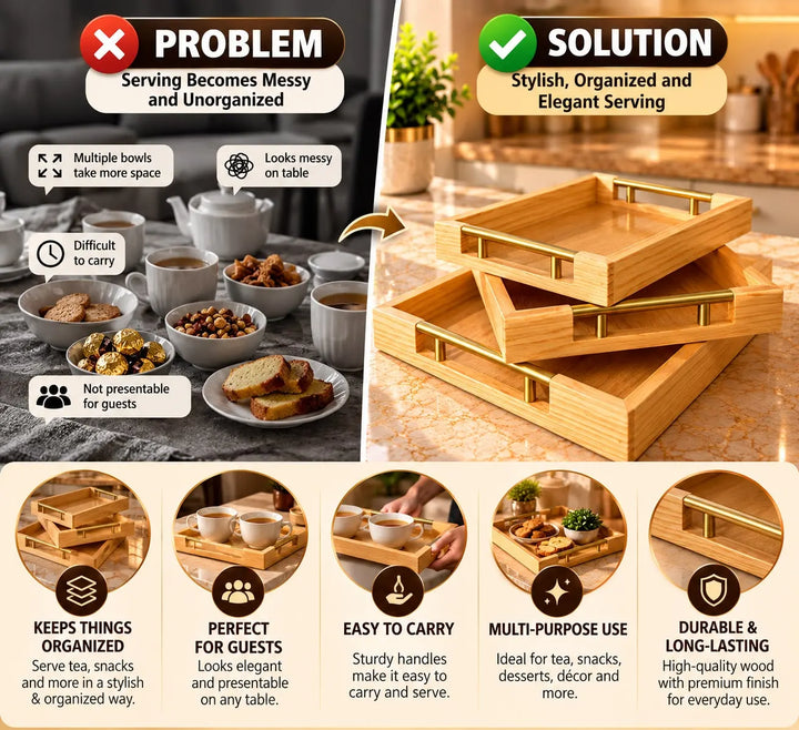 Wooden Flat Tray Set with Steel Handles — Modern Premium Serving Set (Set of 3)