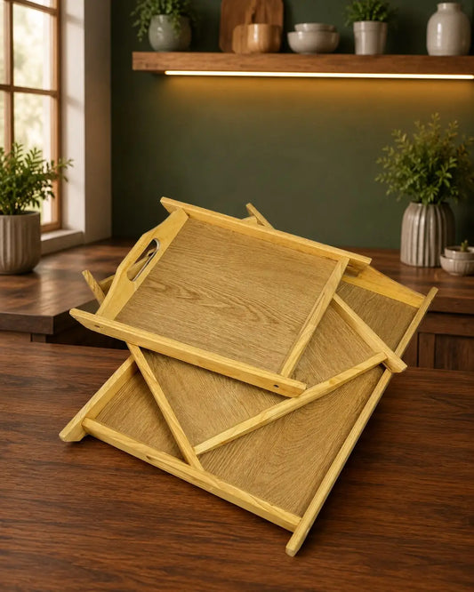 Natural Wooden Serving Tray Set with Handles — Simple Natural Finish (Set of 3)