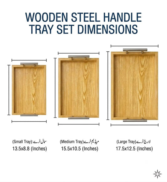 Natural Wooden Tray Set with Steel Handles — Modern Premium Serving Set (Set of 3)
