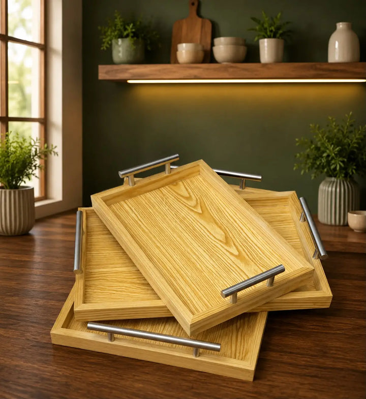 Natural Wooden Tray Set with Steel Handles — Modern Premium Serving Set (Set of 3)