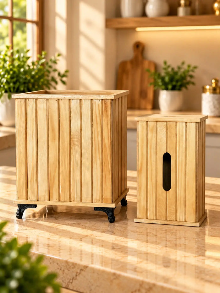 Wooden Tissue Box & Trash Basket Set | Premium Wooden Home Organizer