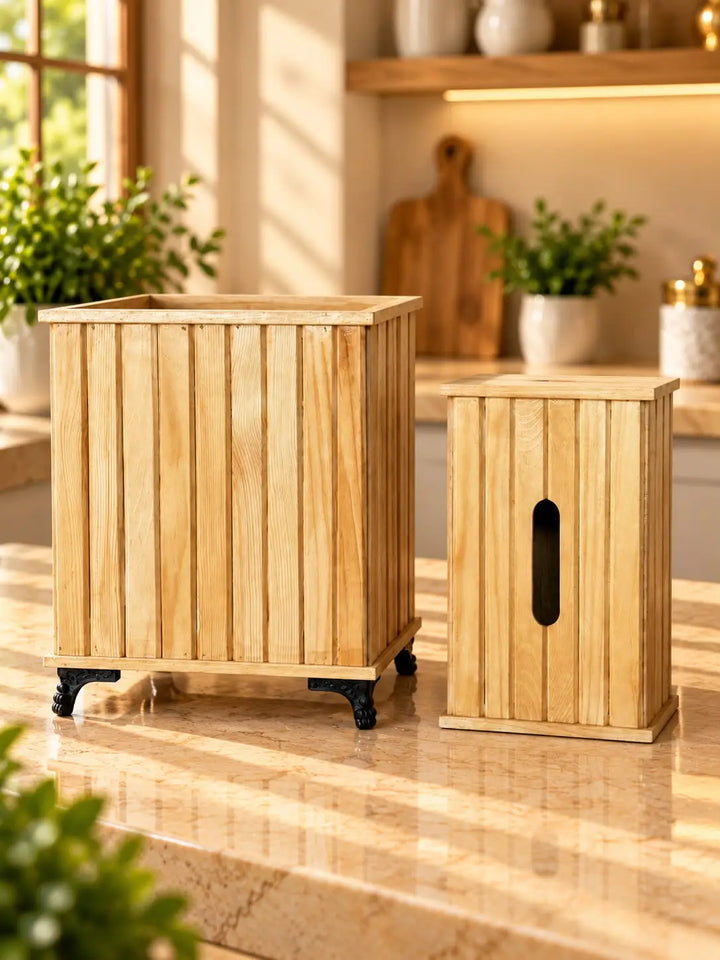 Wooden Tissue Box & Trash Basket Set | Premium Wooden Home Organizer