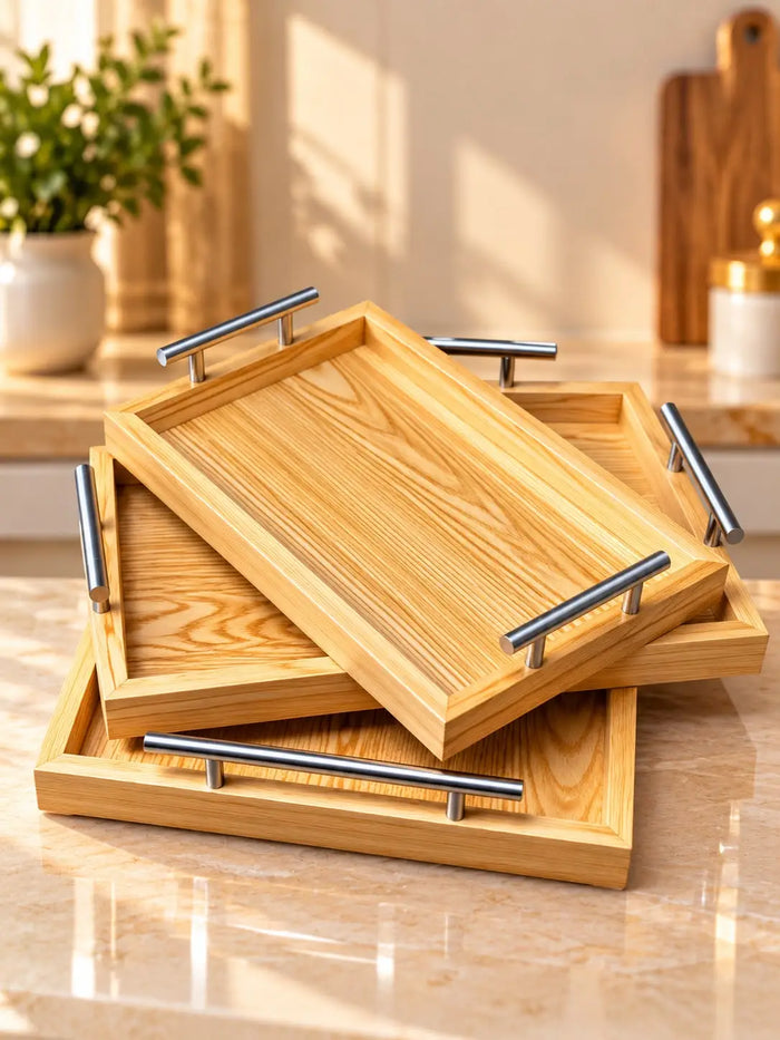 Natural Wooden Tray Set with Steel Handles — Modern Premium Serving Set (Set of 3)