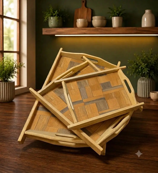Natural Wooden Serving Tray Set with Handles — Box Design (Set of 3)