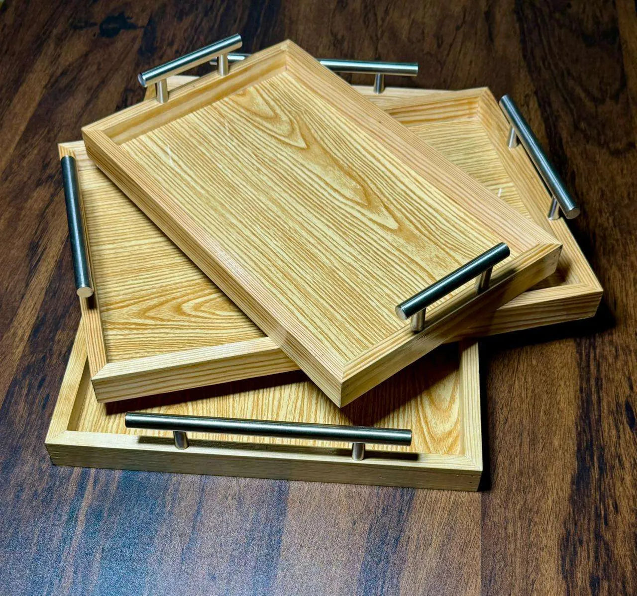 Natural wooden tray set with stainless steel handles three sizes Pakistan