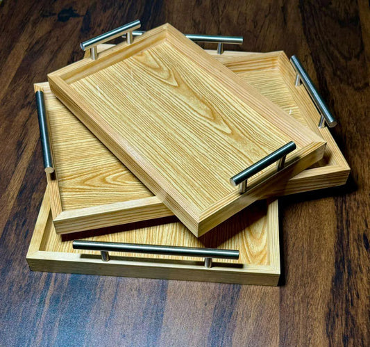 NATURAL WOODEN TRAY SET WITH STEEL HANDLES
