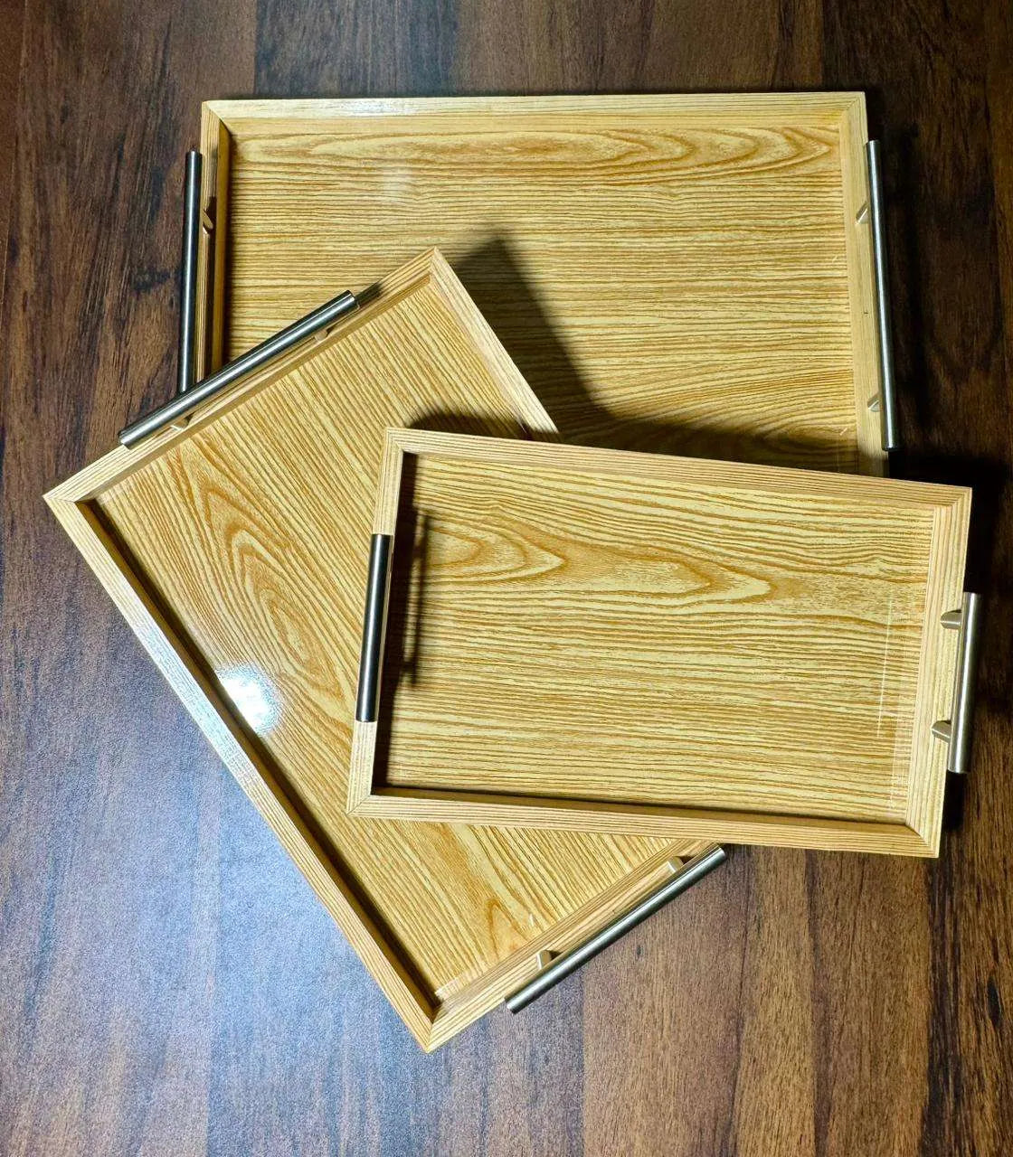 Natural wood steel handle serving tray set home decor Pakistan