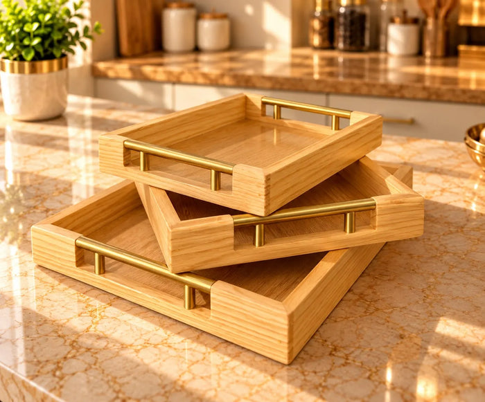Wooden Flat Tray Set with Steel Handles — Modern Premium Serving Set (Set of 3)